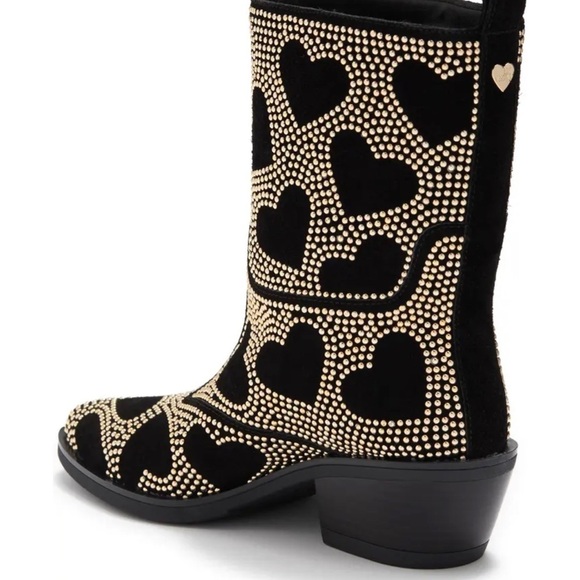 New! Love Moschino Gold Studded Hearts Slip On Black Leather Boots Sz 38 - Picture 3 of 6